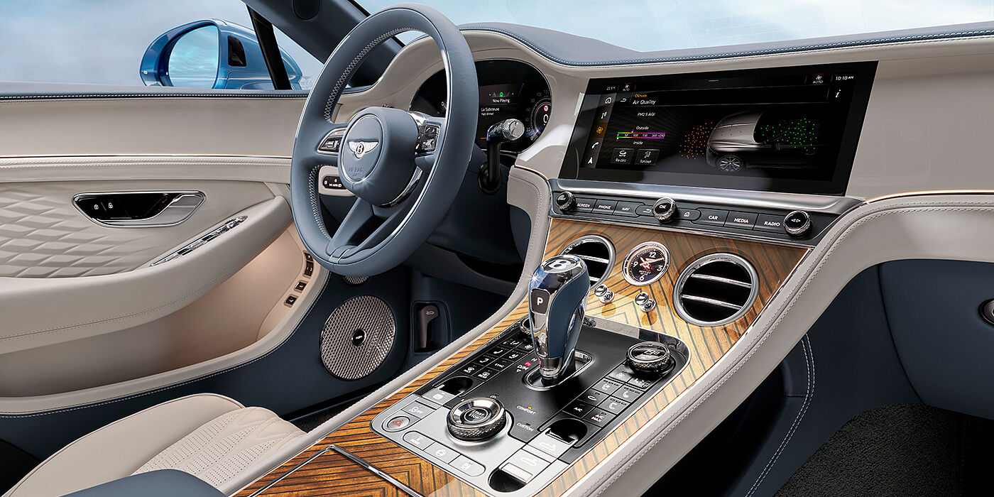 Bentley Leeds New Bentley Continental GTC Azure convertible interior front cabin view with Linen and Brunel hides and Piano Linen by Mulliner veneer featuring centre console and centre MMI screen