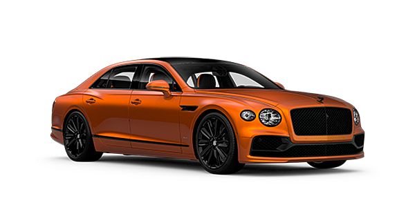 Bentley Leeds Bentley Flying Spur Speed front side angled view in Orange Flame coloured exterior. 