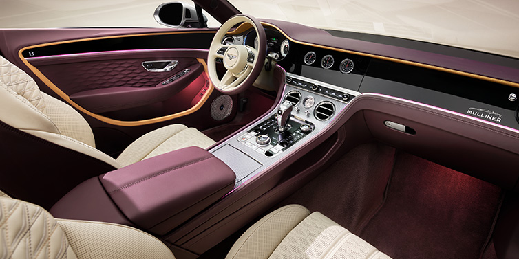 Bentley Leeds Bentley Continental GTC Mulliner convertible front interior including Linen and Damson purple hides and Grand Black veneer